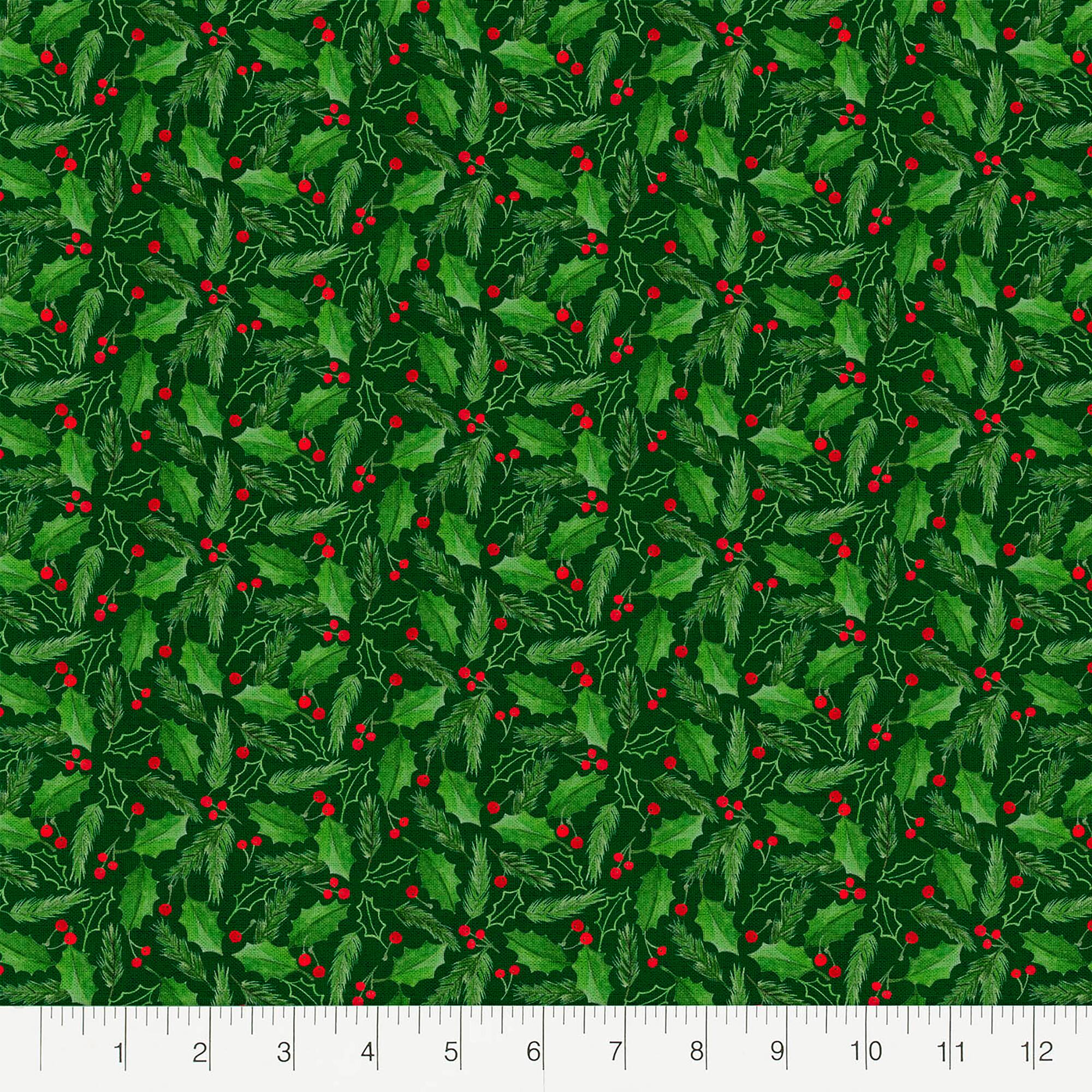 Fabric Editions Green Holly & Berries Cotton Fabric